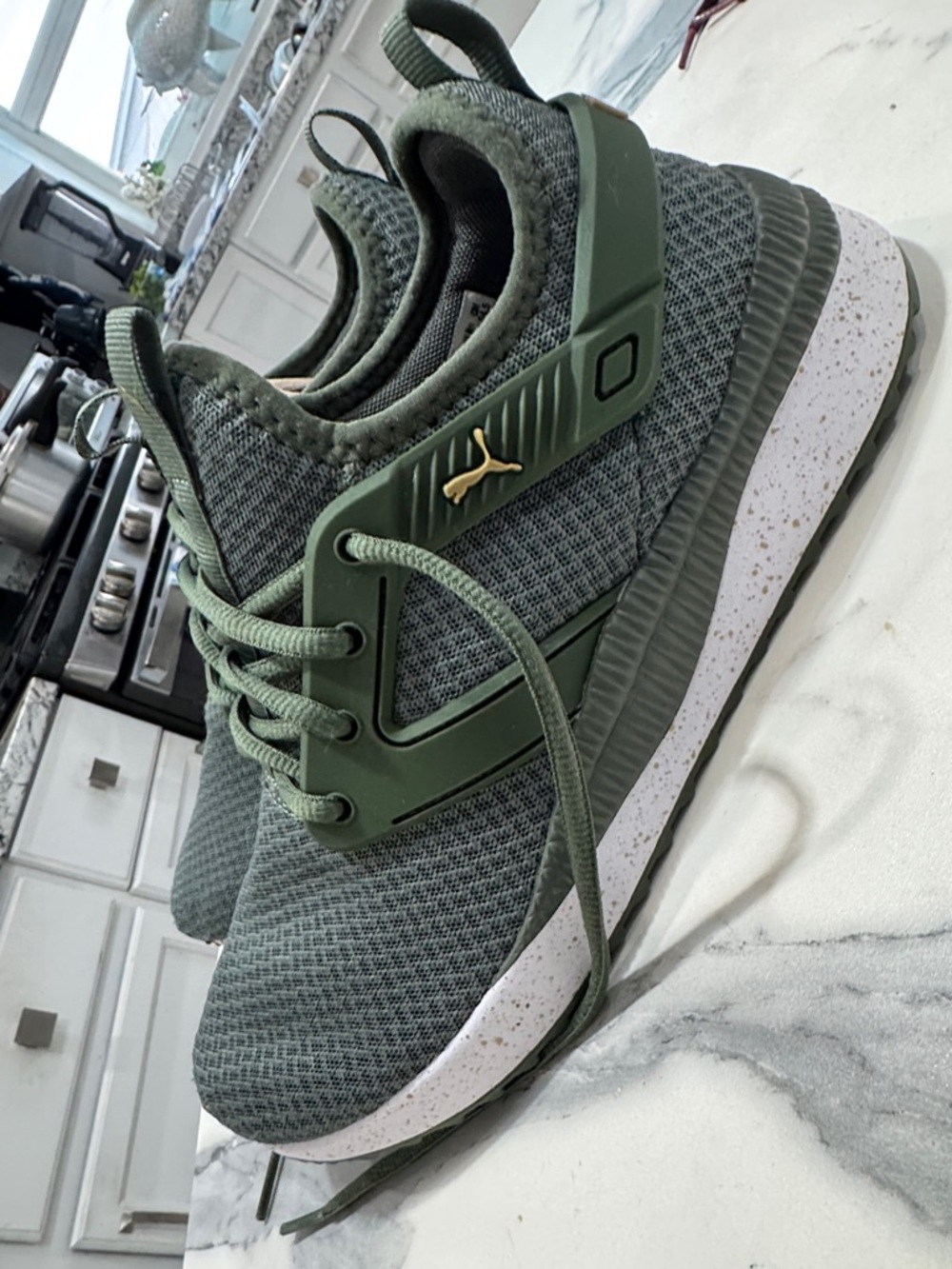 Puma Men’s Olive Green Mesh Lace-Up Sneakers with Speckled White Midsole